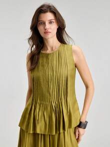 Ontre Đầm xếp ly eo màu xanh lá cây mới 2026SS, đầm thanh lịch dành cho nữ dự lễ tốt nghiệp/kỳ nghỉ/đi biển/lễ hội âm nhạc. - Màu xanh lá cây đậm - Xem 5