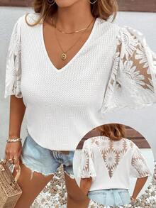 Reflora Plus Size Elegant Waffle Knit Patchwork Ruffle Sleeve T-Shirt - White - View 6