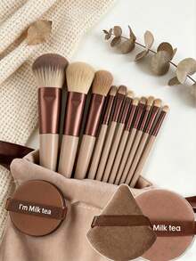 13 piezas Pinceles de maquillaje profesionales con 2 esponjas marrones, pinceles multifuncionales suaves para base, contorno, rubor, sombra de ojos y corrector, regalo de belleza ideal para mujeres - Multicolor - Ver 2