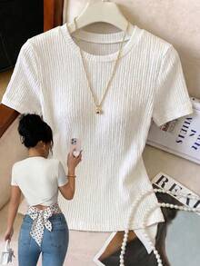 SHEIN Raffinéa Women's Casual Sexy Daily Date Night Vacation Textured Round Neck Short Sleeve Backless Tie-Back Fitted Elegant T-Shirt White Summer Night Out - Apricot - View 4