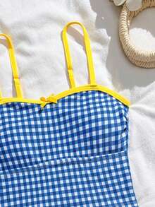 SHEIN Tween Girl Vintage Plaid Print Ruffle Bow Decor Cute Swimwear Set, Suitable For Summer, Vacation, Beach, Swimming Checked Swim Suit Tween Checkered Swimwear Girls Preppy Bathing Suits Checkered Bathing Suit Bikini Set Two Pieces Bathing Suit Girls Matching Sets Vacation Matching Swimwear Mom Daughter - Multicolor - View 3