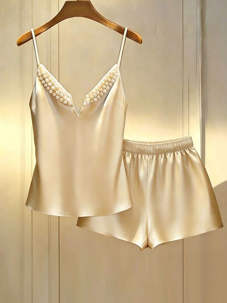 GlowEve Women's Satin V-Neck Beaded Top And Shorts 2 Pieces Set - Apricot - View 1