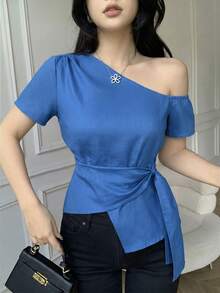 Celisse Camisa casual de mujer con diseño de cintura ajustada y cuello asimétrico, para primavera/verano - Azul - Ver 7