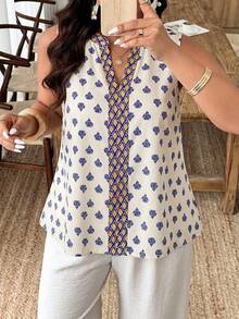Weeklong Plus Size Women Spring/Summer Placement Print Sleeveless Casual Vacation Shirt Blouse - Multicolor - View 3
