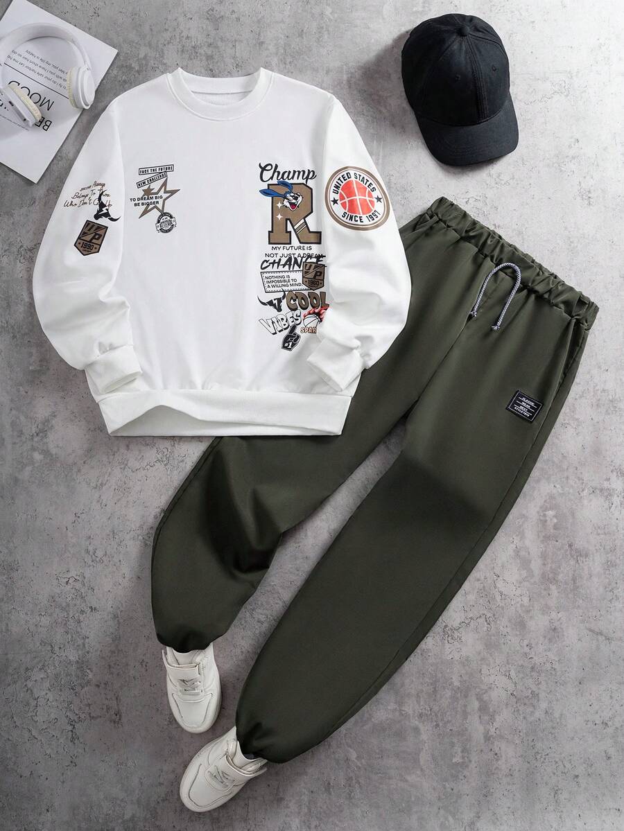 SHEIN Coolqubz 两件套青少年男童白色卫衣和橄榄绿裤子套装,胸前绿色印花图案,面料柔软,适合春秋季穿着,适合上学和外出活动。 - 綠色 - 查看 1