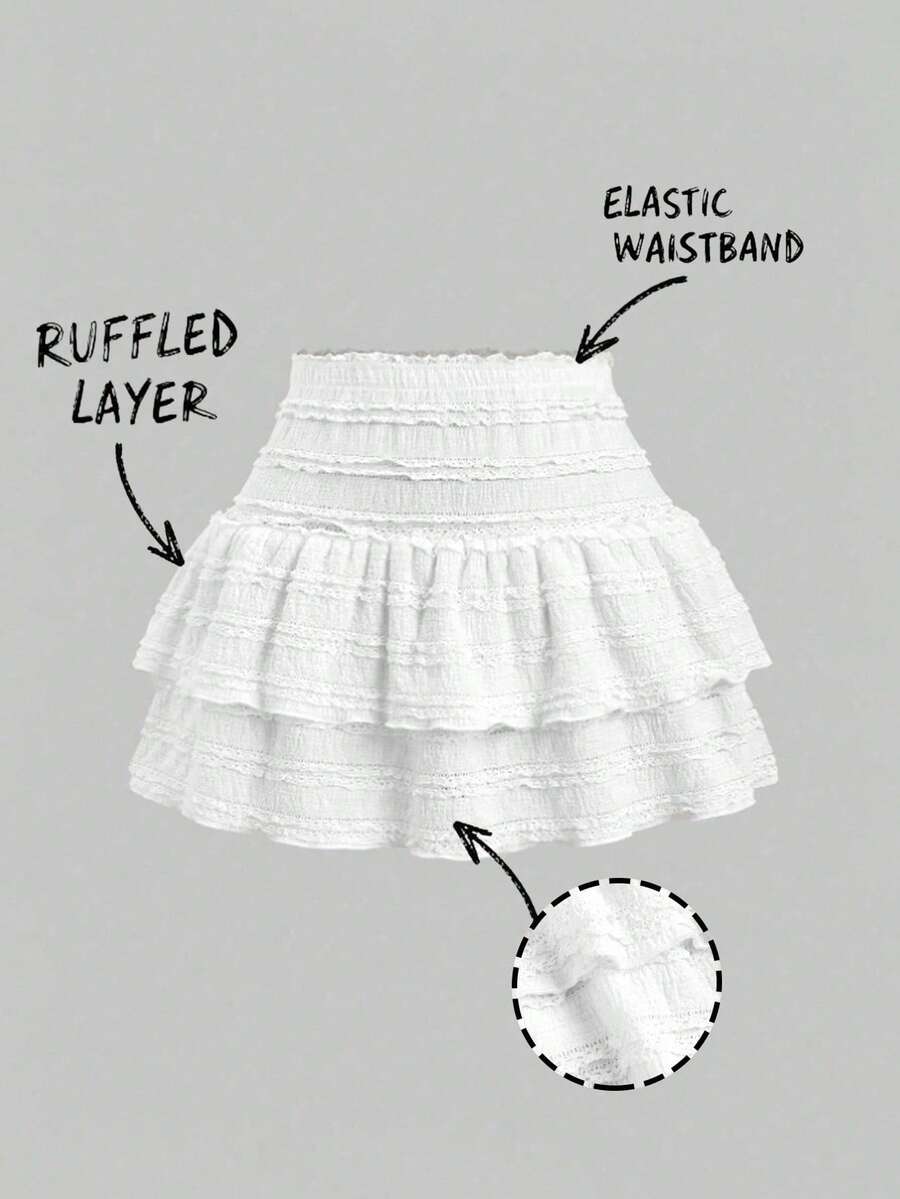 Sweetra Falda de unicolor con volantes y dobladillo de doble capa, casual & resort Y2K para mujeres - Blanco - Ver 1