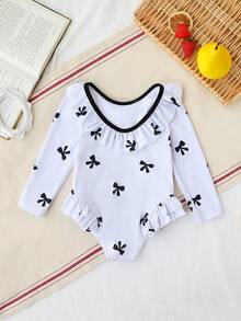 SHEIN Đồ bơi liền thân in họa tiết bướm cho trẻ sơ sinh/bé gái có tay dài - Đen và trắng - Xem 2