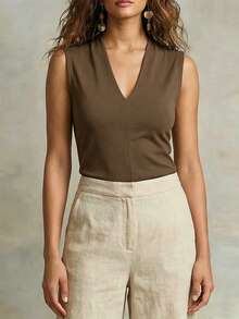 LUMIGAL Women's Solid Color V-Neck Casual Tank Top For Commuting - Khaki - View 6