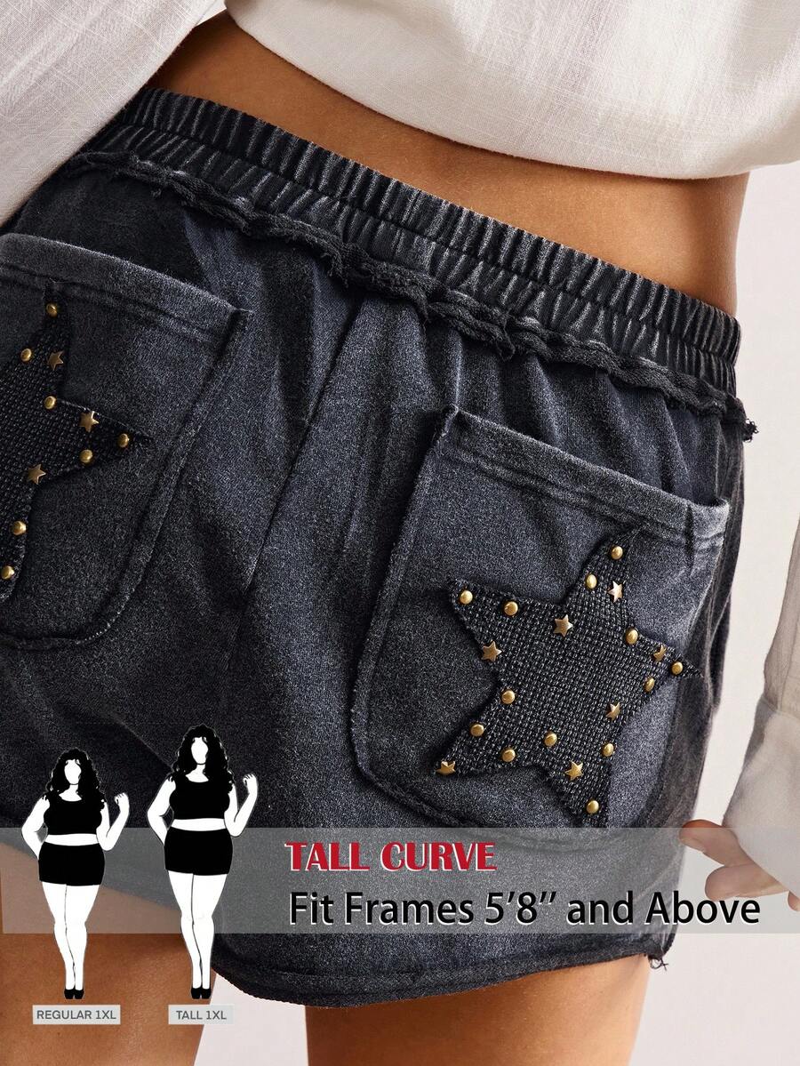 SHEIN Tall CURVE Plus Size Five-Pointed Star Pattern Shorts - Black - View 1