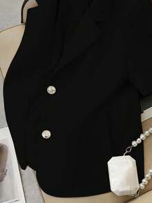 Franclia Nueva chaqueta blazer de manga corta de unicolor, vestimenta minimalista de oficina - Negro - Ver 5