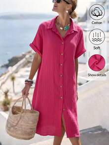 SHEIN Women's 100% Cotton Shirt Dress With Open Collar,Hot Pink Summer Casual Vacation Loose-Fitting Beach Short Dress,Fashionable Spring/Summer Outfit - Hot Pink - View 6