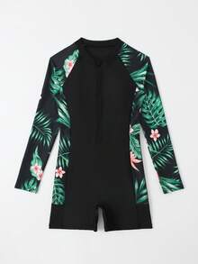 SHEIN Cô gái Tween Nhiệt đới In Dây kéo mặt trước Tay áo dài Đồ bơi một mảnh Mùa hè Bơi lội , bờ biển - màu đen - Xem 3