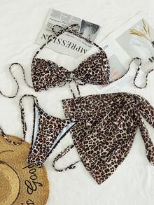 Swim SXY 3pcs/Set New Random Beige Print Halter Bikini Set With Short Skirt, Elegant Sexy Adult Beach Vacation Party Swimwear For Women Summer - Multicolor - View 5