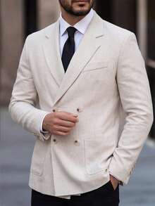 Manfinity Mode Men's Solid Color Lapel Neck Double-Breasted Business Travel Suit Jacket, Ceremony, Formal - Beige - View 3