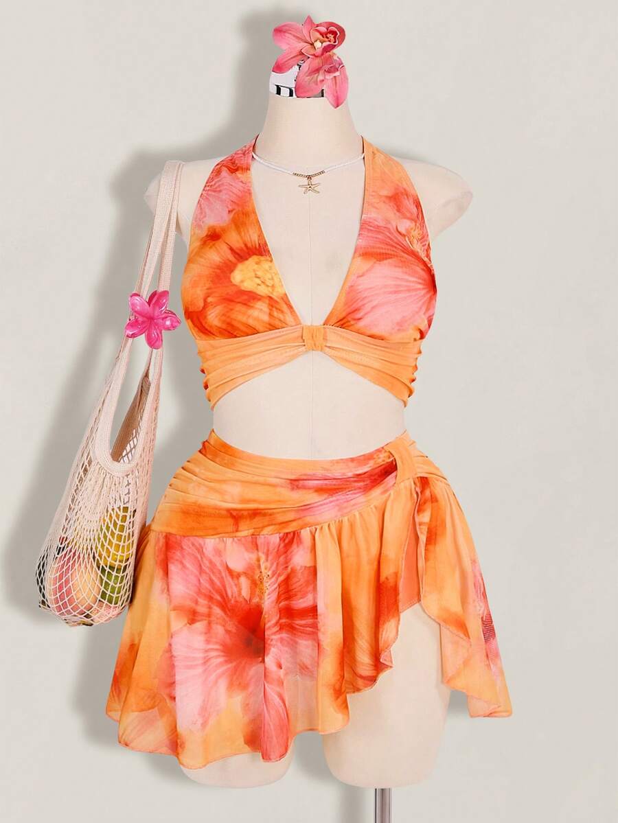 SHEIN ICON Plus Size Women's Y2k Going Out Vacation Floral Print Halter Crop Top And Low-Waist Floral Print Mini Skirt Set, Hawaii Ibiza Outfit - Orange - View 1