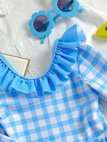 SHEIN Bộ áo tắm liền thân dài tay in họa tiết kẻ caro cho bé gái, dễ thương cho kỳ nghỉ và các hoạt động ngoài trời. - Xanh và trắng - Xem 5