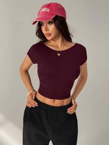 SHEIN PETITE Áo thun croptop hở lưng màu trơn phong cách đường phố dành cho nữ - Màu Đỏ Sâu - Xem 4