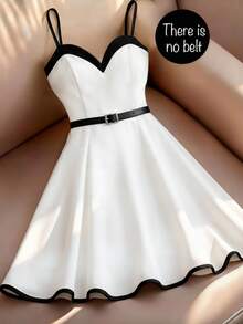 Franclia Summer Waist-Cinching A-Line Mini Dress, Retro French Contrast Color Slip Dress - White - View 3