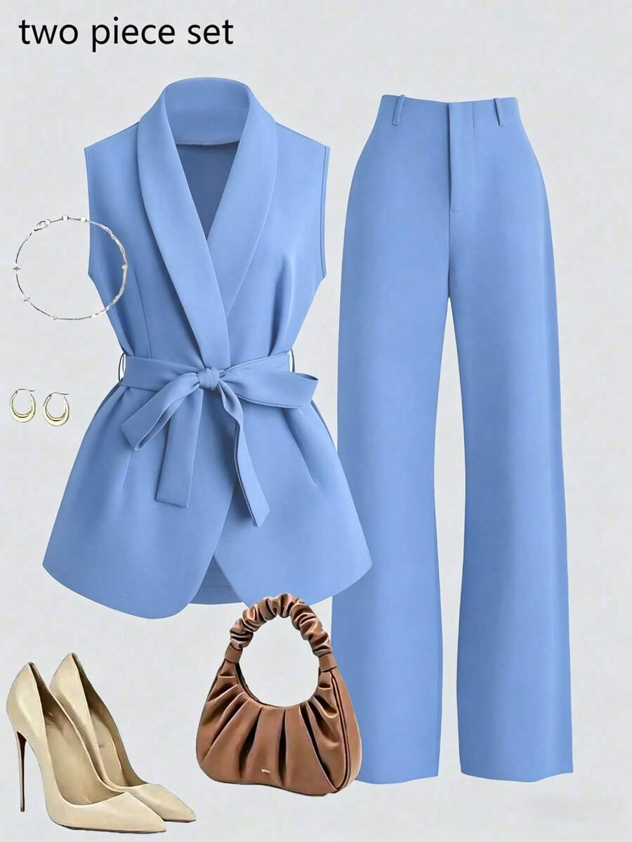 Franclia Bộ vest nữ màu nâu không tay, kiểu dáng thanh lịch, gồm áo khoác và quần, thích hợp mặc công sở. - Màu xanh nhạt - Xem 1