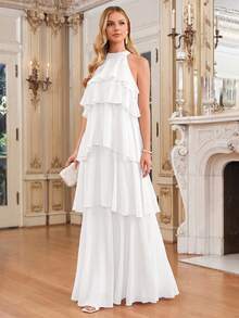 Amorya Summer Dress Women's Elegant Romantic White Halter Neck Layered Ruffle Hem Flowy Long For Wedding Dinner Date Bride Bachelorette Formal - White - View 8