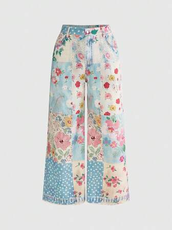 Jeans a vita alta con stampa floreale vintage, tasche inclinate, gamba ampia, stile casual da strada, per donne taglia curvy, nuovi per primavera e autunno