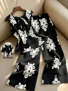 GlowEve CURVE Plus Size Women's Print Tie Front Camisole Top + Wide Leg Pants 2 Pieces Set, Suitable For Daily Commute, Weekend Market, Summer Vacation - Black and White - View 1