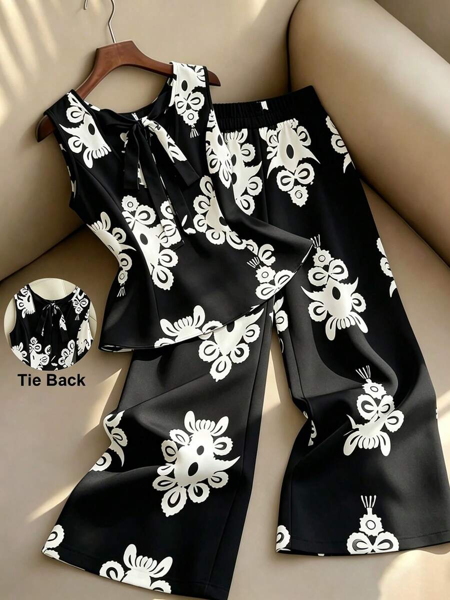 GlowEve CURVE Plus Size Women's Print Tie Front Camisole Top + Wide Leg Pants 2 Pieces Set, Suitable For Daily Commute, Weekend Market, Summer Vacation - Black and White - View 1