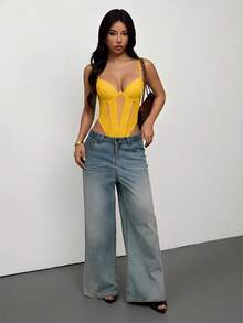 SHEIN PETITE Áo liền thân hai dây màu trơn, kiểu dáng thường ngày, thời trang, gợi cảm dành cho nữ, thích hợp đi nghỉ mát. Áo liền thân bằng vải lưới. - Màu vàng - Xem 1