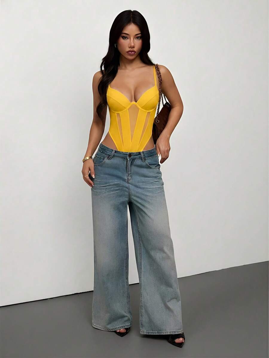 SHEIN PETITE Áo liền thân hai dây màu trơn, kiểu dáng thường ngày, thời trang, gợi cảm dành cho nữ, thích hợp đi nghỉ mát. Áo liền thân bằng vải lưới. - Màu vàng - Xem 1