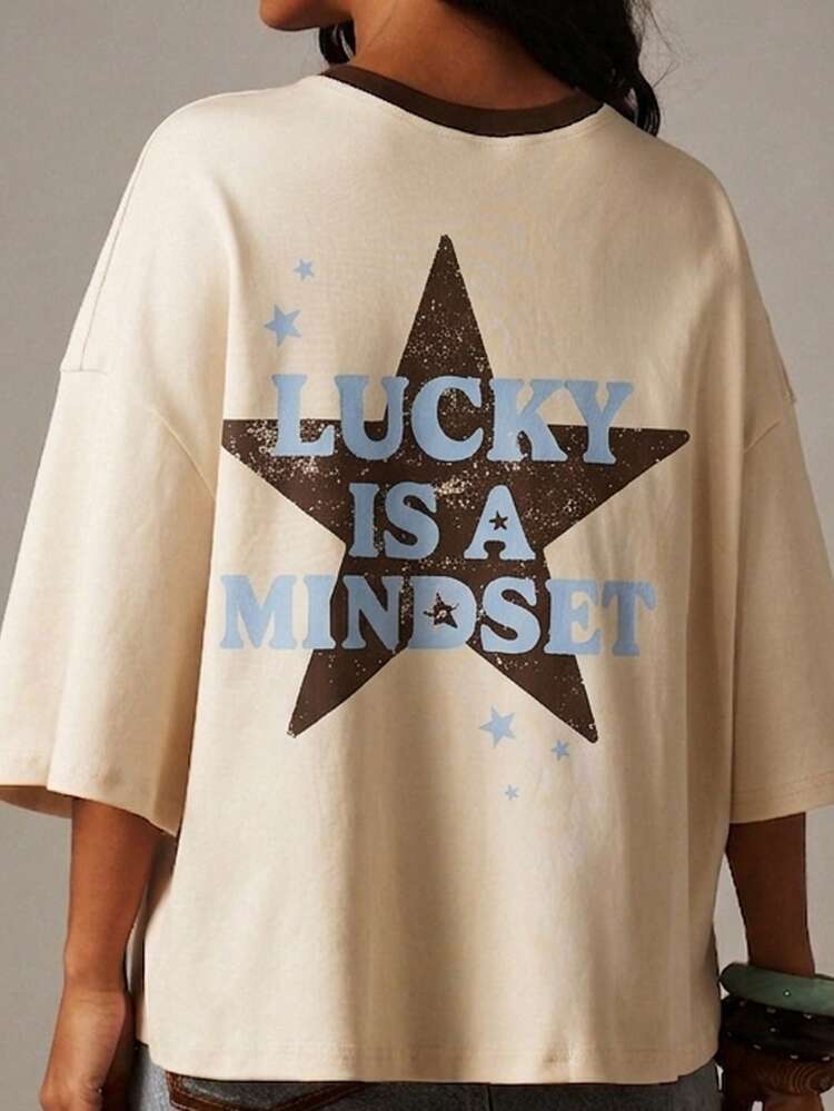 MISSGUIDED Maglietta oversize in misto cotone con stampa grafica, girocollo, maniche corte, vestibilità morbida, slogan "Mindset" con design a stelle a contrasto, adatta per l'autunno e l'inverno