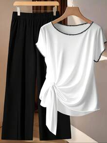 EMERY ROSE Casual Minimalist Seashell Printed Plus Size Women's Vacation Pants Set, Black & White 2-Piece Outfit, Suitable For Summer - Multicolor - View 6