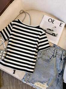 Franclia Women's Casual Floral Decor Striped Round Neck Short Sleeve T-Shirt, Summer - Black and White - View 2