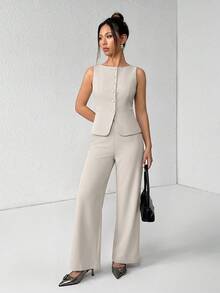 SHEIN PETITE 女士纯色圆领单排扣马甲裤套装，优雅通勤套装，夏秋女装，女士套装，办公室商务休闲两件套，秋季女士办公室服装，女士套装，女士西装外套套装 - 杏色 - 查看 6