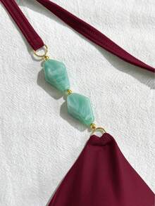 Swim Vcay Áo bikini hai mảnh cổ yếm màu nâu đính đá quý kiểu cổ điển dành cho nữ cỡ lớn, thích hợp cho kỳ nghỉ biển. - Màu Đỏ Sâu - Xem 5