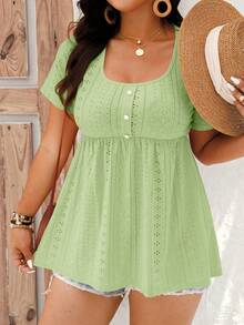 EMERY ROSE Camiseta casual de talla grande para mujer con cuello cuadrado, manga corta y diseño de botones para vacaciones - Verde - Ver 5