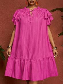 SHEIN CURVE+ Plus Size Solid Color Tie Neck Floucne Sleeve Ruffled Hem Dress,Sundress - Hot Pink - View 4