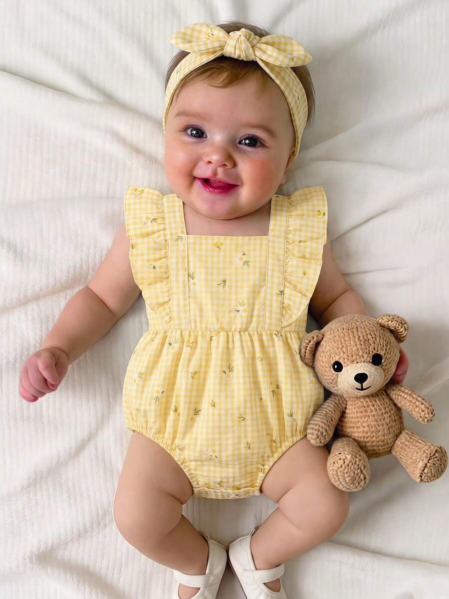 SHEIN Mono de verano con volantes y diseño de mariposa para bebé niña recién nacida - Amarillo - Ver 1