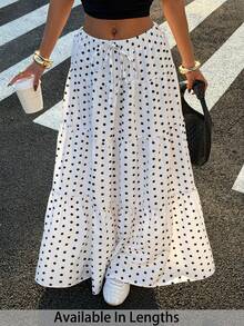 SHEIN PETITE CURVE Plus Size Summer Women Women's White Polka Dot Casual Vacation Skirt For Going Out Outfits, Streetwear, Y2K Clothes, Spring/Summer, White Boho Skirt, Summer Maxi Skirt - Black and White - View 5