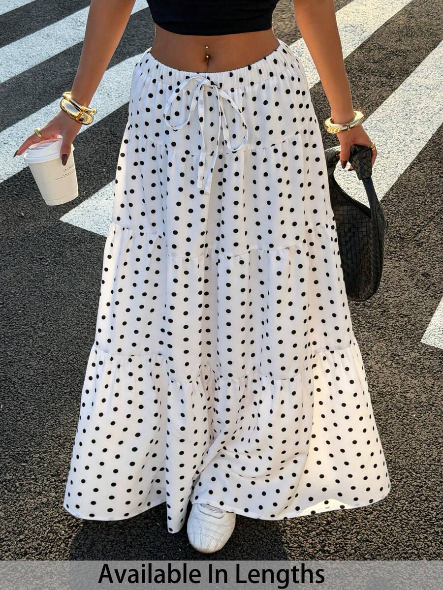 SHEIN PETITE CURVE Chân váy maxi nữ cỡ lớn chấm bi trắng, kiểu dáng thường ngày, thích hợp cho đi chơi, dạo phố, phong cách Y2K, xuân/hè, váy boho trắng, chân váy maxi mùa hè.