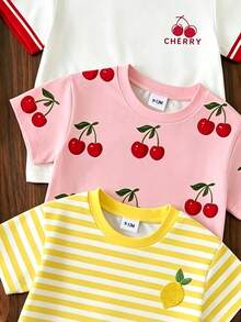 6pcs/Set Baby Girls' Cute Summer Vacation Outfit,Floral,Leopard Bow,Letter Print T-Shirt & Shorts,Blue And White Stripe,Short Sleeve Round Neck Set - Multicolor - View 3