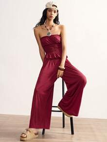 SHEIN BohoFeels Bộ 2 món gồm áo croptop dệt kim màu trơn và quần ống rộng dành cho nữ, kiểu dáng thường ngày. - Đỏ - Xem 6