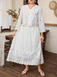 Lacomfia Plus Size 3/4 Sleeve Embroidered & Printed A-Line Skirt Set, Elegant Casual Resort Wear For Women - Apricot - View 8