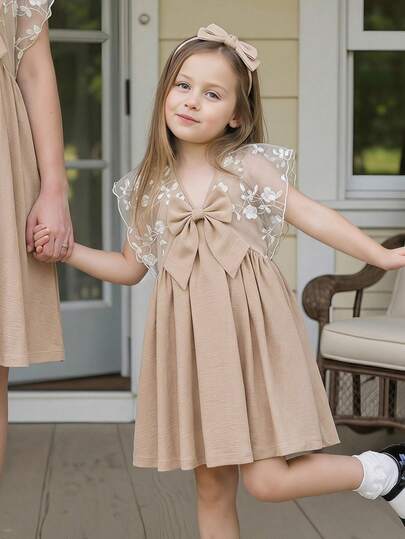 PrepCrw 1pc Young Girls' Casual Elegant Vacation Loose Cute Embroidered Sleeve Relaxed Woven Dress, Suitable For Daily Wear, Back To School, Outings, Gatherings, Festivals, Spring & Summer