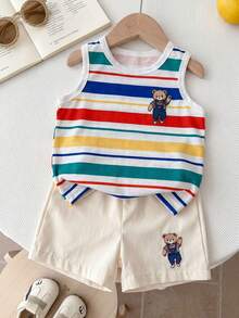 SHEIN Playful Pals 2件組男嬰夏季休閒可愛海灘套裝 條紋背心印卡通熊圖案 & 米色短褲 柔軟針織面料 嬰幼兒服裝套裝 - 彩色 - 查看 1