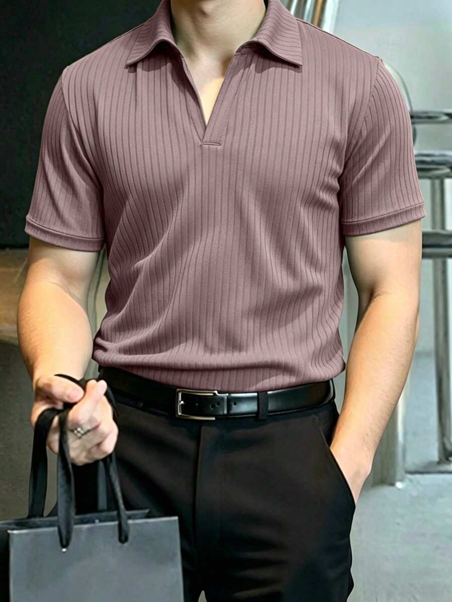 JOLTRO 男士纯色短袖休闲通勤 Polo 衫 - 藕粉色 - 查看 1