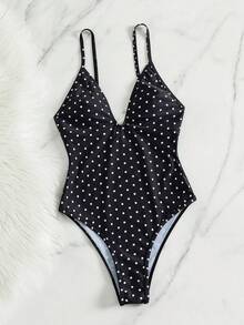 Swim Mod 女士春夏沙滩音乐节波点印花V领性感细肩带高衩可爱风格连体泳衣 - 黑與白 - 查看 5