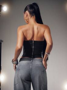Denimoi Áo corset denim không tay có chi tiết buộc dây, áo corset denim phong cách đường phố, áo gợi cảm dành cho buổi hòa nhạc. - màu đen - Xem 4