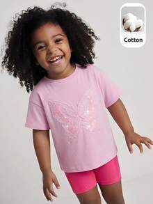 Maija Kids Bộ 2 món cho bé gái, kiểu dáng thường ngày thanh lịch, rộng rãi, thêu hình bướm dễ thương, gồm áo thun ngắn tay cổ tròn màu hồng và quần short màu tím hồng, thích hợp mặc hàng ngày, đi học, dã ngoại, họp mặt, lễ hội, mùa xuân và mùa hè. - Hồng - Xem 2