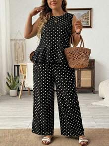 SHEIN LUNE Bộ đồ 2 món dành cho nữ cỡ lớn, họa tiết chấm bi, viền bèo nhún, gồm áo hai dây và quần dài, thích hợp cho mùa hè. - màu đen - Xem 1