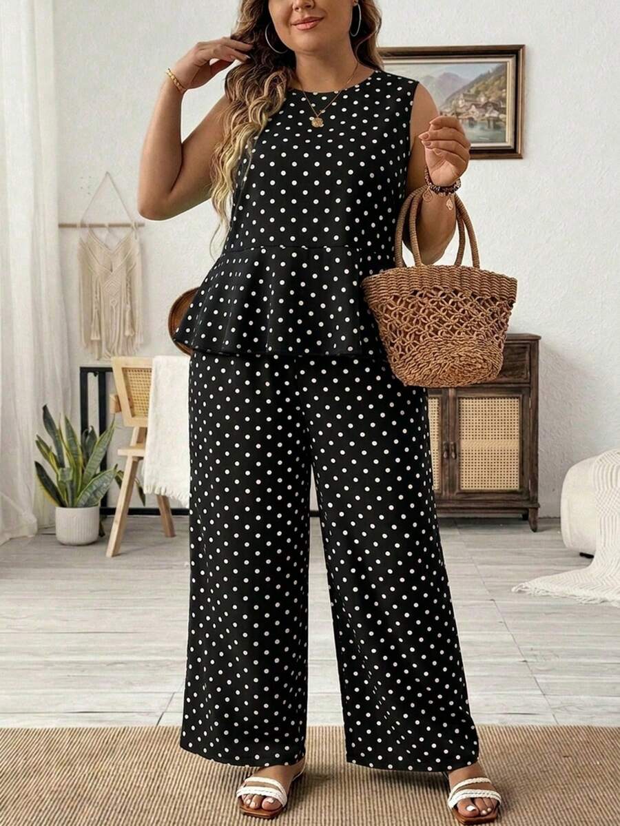 SHEIN LUNE Bộ đồ 2 món dành cho nữ cỡ lớn, họa tiết chấm bi, viền bèo nhún, gồm áo hai dây và quần dài, thích hợp cho mùa hè. - màu đen - Xem 1